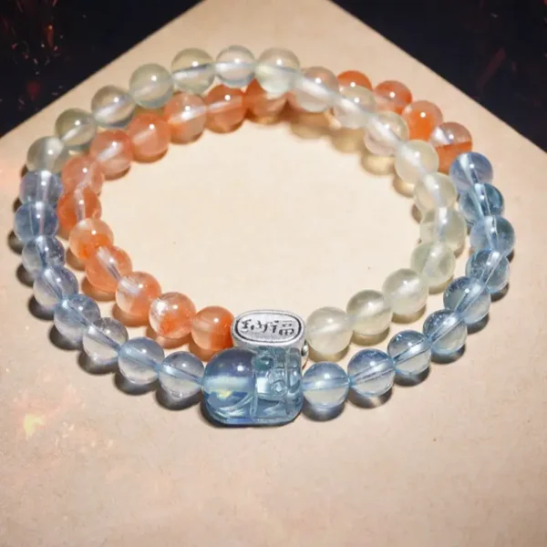 Natural Aquamarine and Red Stone Crystal Wealth Bracelet