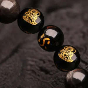 Clarity & Fortune –Black Agate Heart Sutra Bracelet