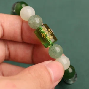 Engraved Heart Sutra & Five Wealth Buddhas – Green agate centerpiece