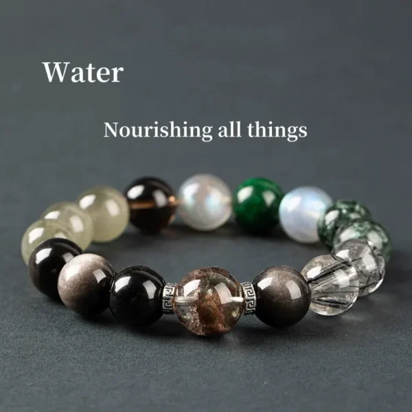 Water Wood Element Energy Bracelet with Silver Obsidian centerpiece