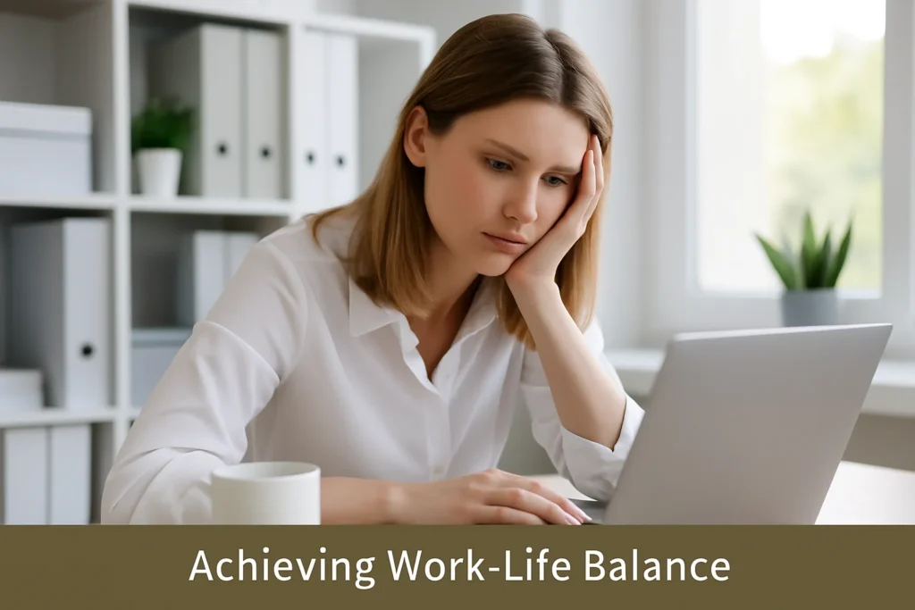 A young Caucasian woman at a desk, looking thoughtful and stressed, representing the challenge of work-life balance.