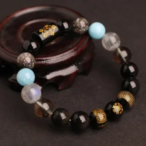 Clarity & Fortune –Black Agate Heart Sutra Bracelet