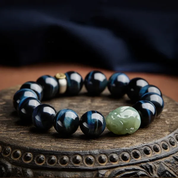 Blue Tiger Eye Pixiu Bracelet with Green Jade and Buddha Bead