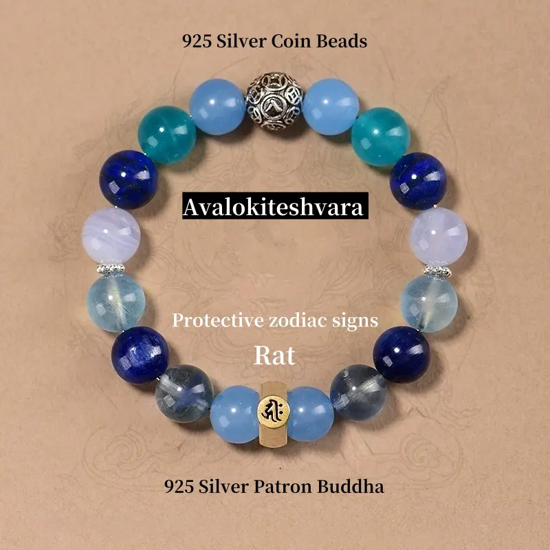 Zodiac Guardian Buddha Bracelet for Rat Sign with Blue Crystals and Avalokiteshvara