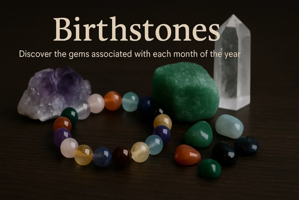 Colorful birthstone bracelet with raw crystals on dark wood background