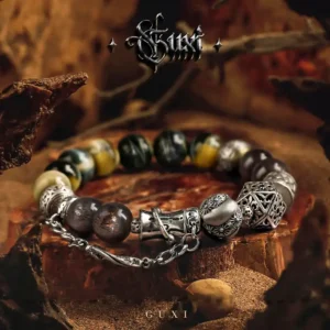 Shadow Forge – Black Sunstone & Snake Eye Silver Chain Bracelet for Men