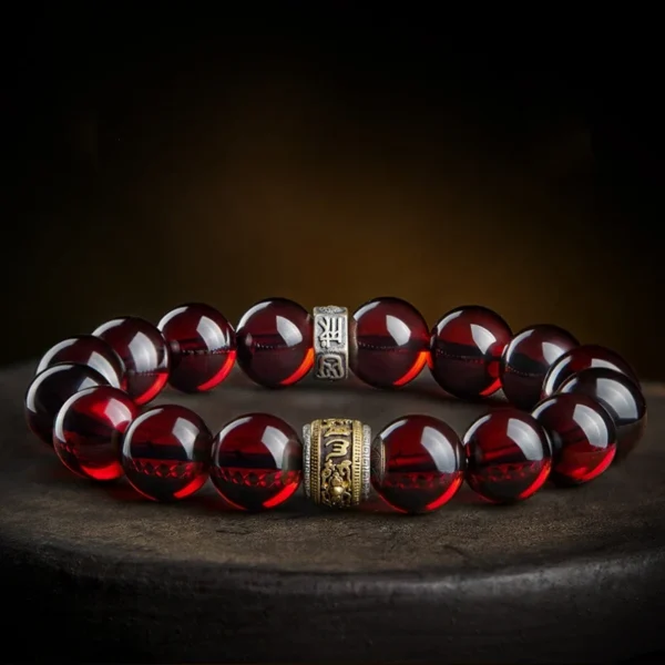 Blood Amber Zodiac Protection Bracelet with Six-Word Mantra and Guardian Buddha Beads