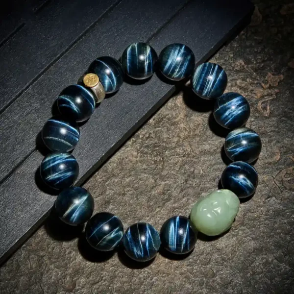 Blue Tiger Eye Bracelet with Hetian Jade Pixiu and Zodiac Guardian Buddha