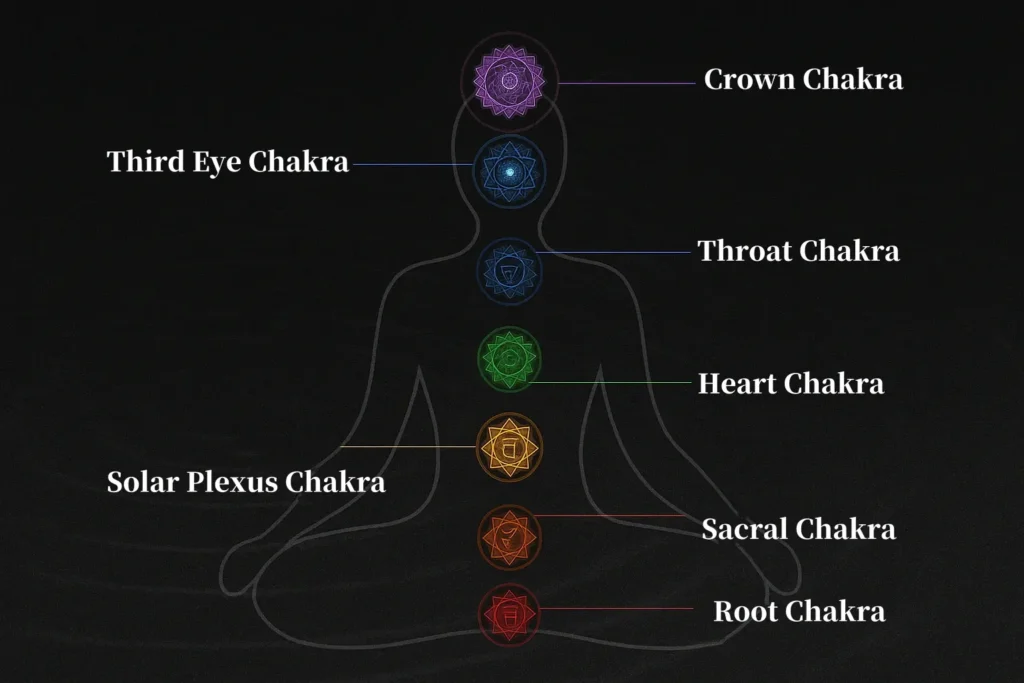 Illustration of the seven chakras aligned along a meditating human silhouette, representing Crown, Third Eye, Throat, Heart, Solar Plexus, Sacral, and Root Chakras