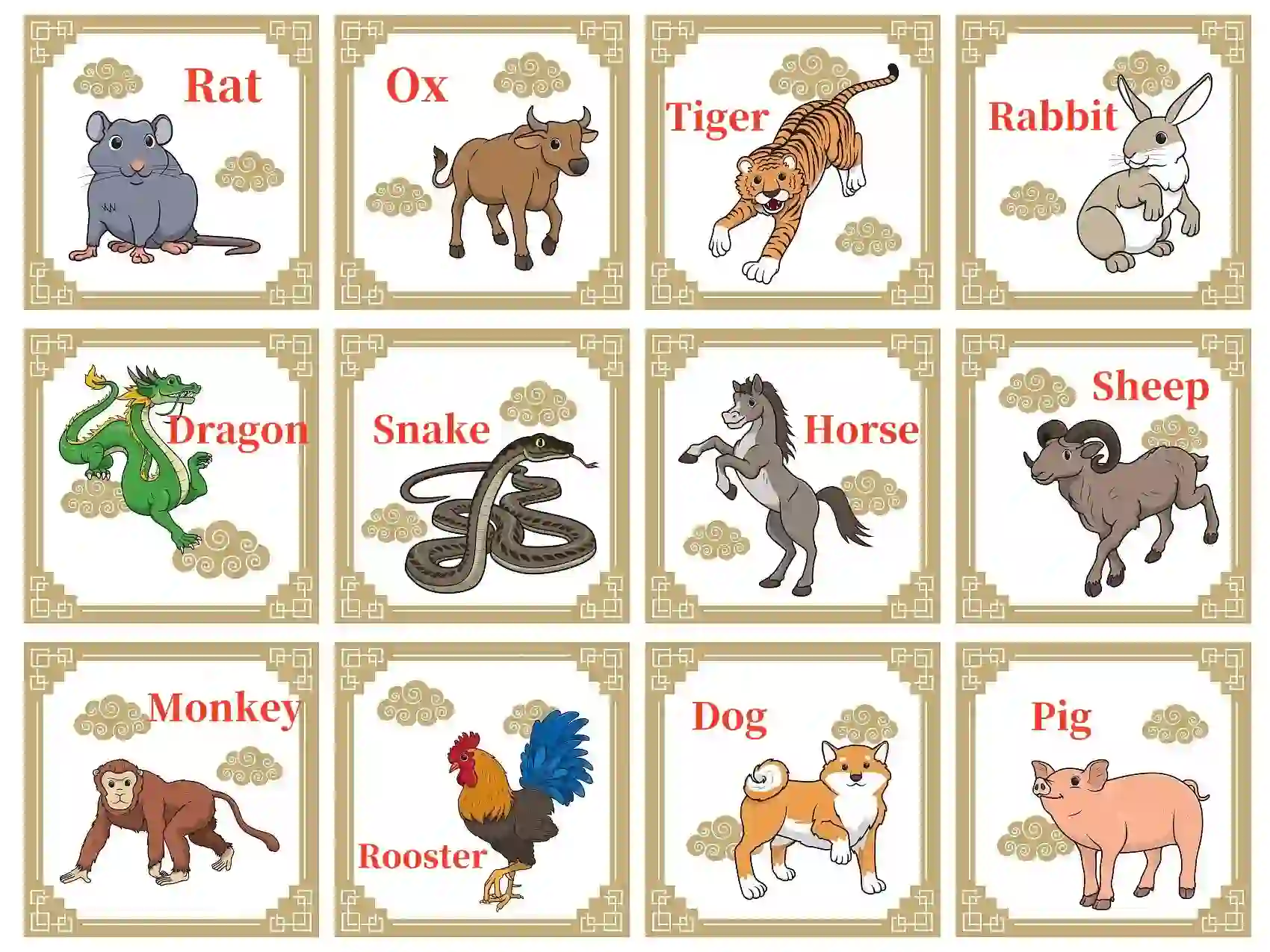 Illustration of the twelve Chinese zodiac animals: Rat, Ox, Tiger, Rabbit, Dragon, Snake, Horse, Sheep, Monkey, Rooster, Dog, and Pig