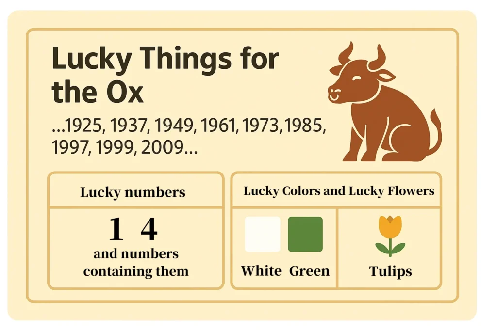 Illustrations show the lucky numbers, colors and flowers for people born in the years of the Ox, including 1961, 1973, 1985 and 1997. The lucky numbers are 1 and 4, the lucky colors are white and green, and the lucky flower is the tulip.