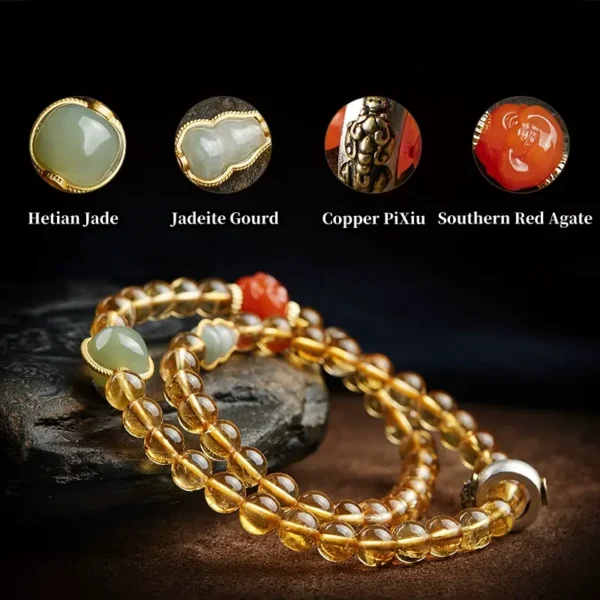 Citrine multi-wrap bracelet with Hetian Jade, Jadeite Gourd, and Southern Red Agate for healing energy