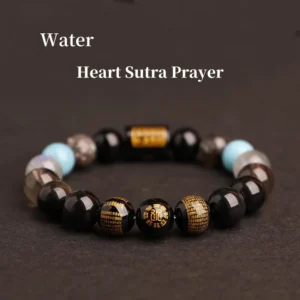 Clarity & Fortune –Black Agate Heart Sutra Bracelet