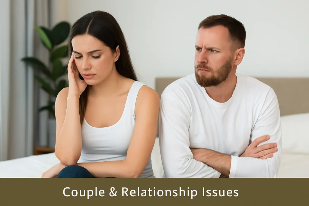 A Caucasian couple sitting on a couch, facing away from each other, symbolizing relationship issues and communication challenges