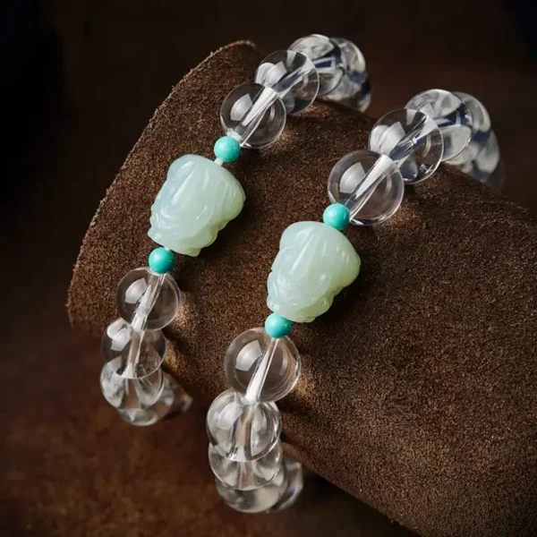 Matching Pair of White Crystal Pixiu Bracelets with Hetian Jade