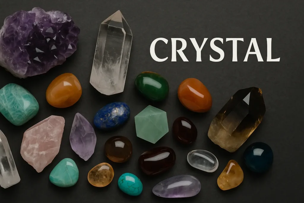 A flat lay of assorted healing crystals including amethyst, citrine, rose quartz, and lapis lazuli on a black background