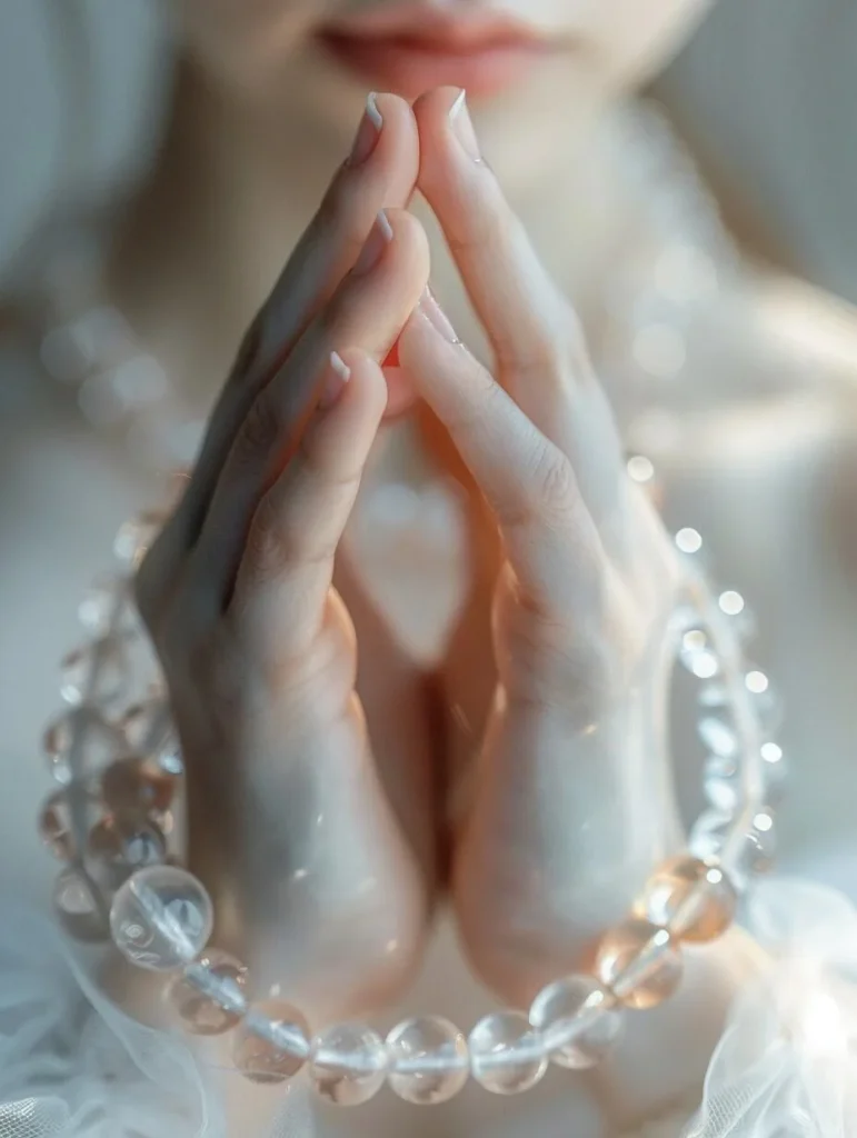 Woman’s hands gently pressed together in a prayer pose while wearing a clear crystal energy bracelet, symbolizing peace, spiritual alignment, and energetic protection.