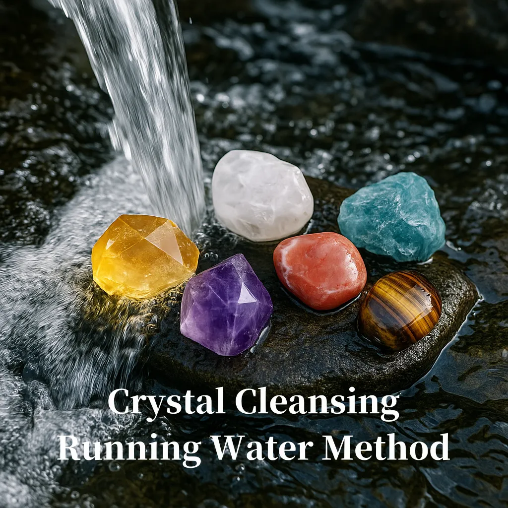 Crystal cleansing with flowing water: citrine, amethyst, clear quartz,