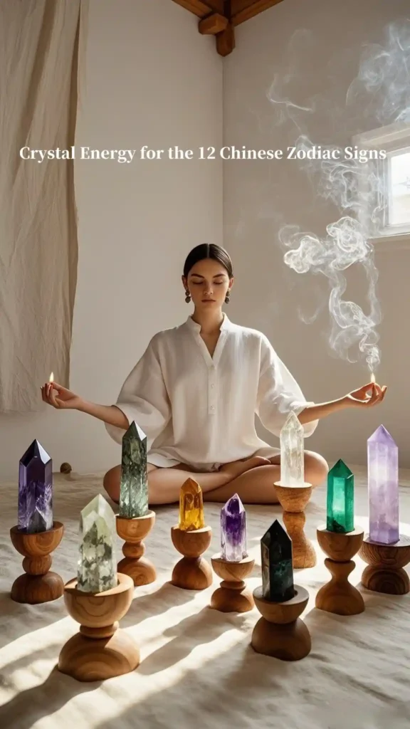 Woman meditating with various crystal towers arranged in a circle for Feng Shui energy alignment