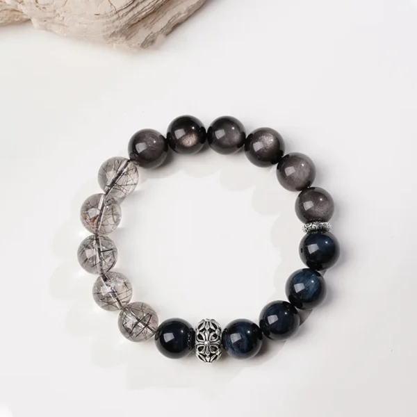 Healing stone bracelet with eagle eye, obsidian and rutilated quartz
