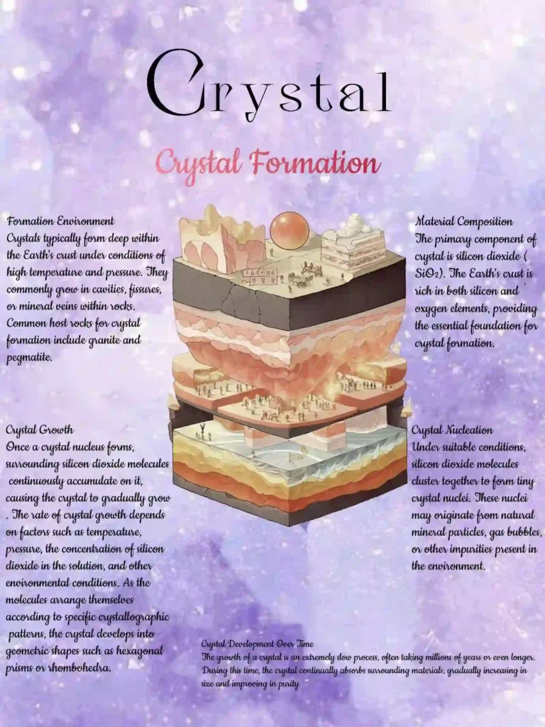 Illustrated diagram showing the stages of crystal formation, including deep-earth formation environment, silicon dioxide accumulation, crystal nucleation, and long-term development over millions of years.