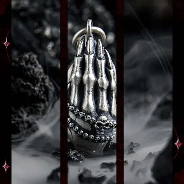 Back view of the silver skeleton pendant with skull detailing – GUXI Dark World Series