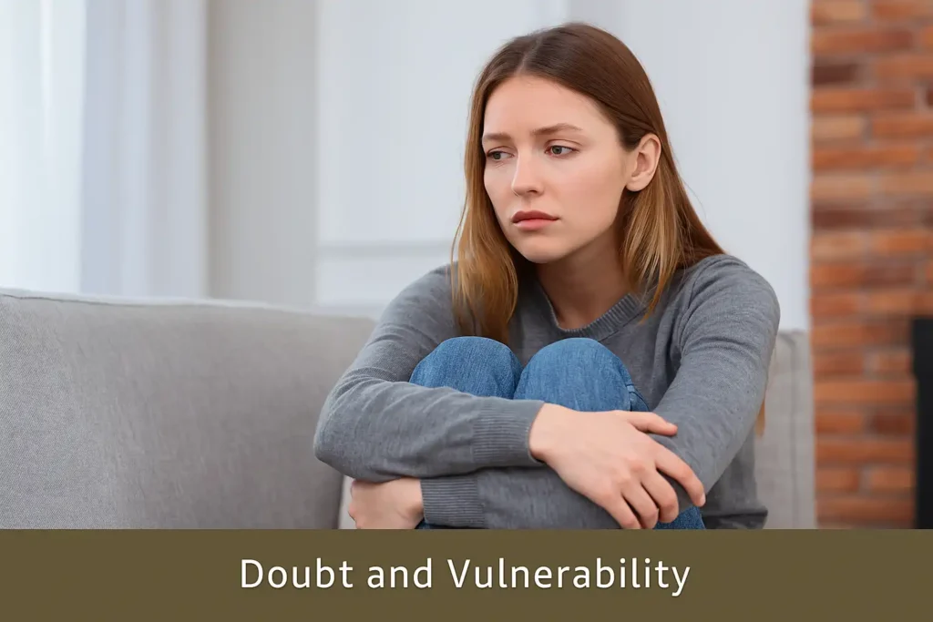 A young Caucasian woman in casual clothes sits on a sofa with a thoughtful expression, representing emotions of doubt and vulnerability.