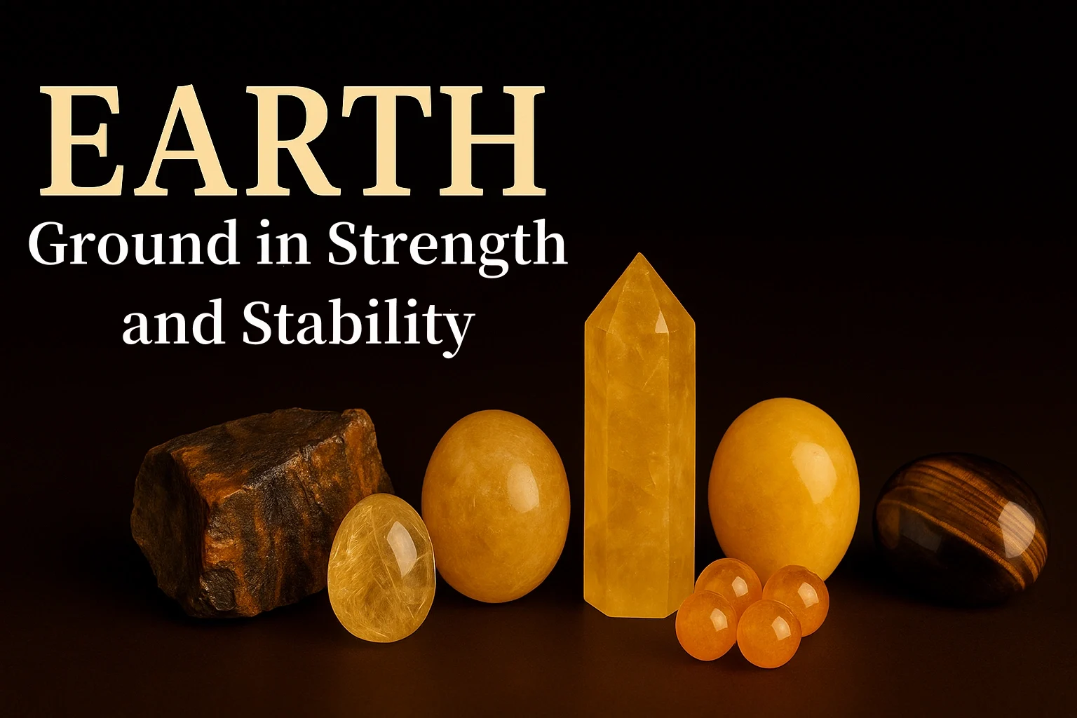 Earth element crystals – Citrine, Rutilated Quartz, Yellow Jade, Yellow Agate beads, Tiger’s Eye – arranged on dark background with “Earth – Ground in Strength and Stability” title
