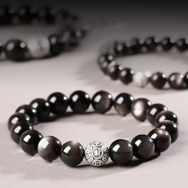 Silver Obsidian bracelet with engraved silver fortune bead