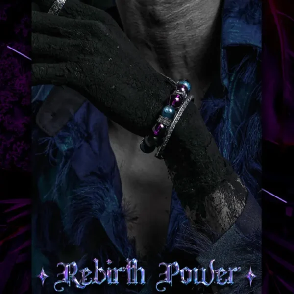Rebirth Night men's bracelet with amethyst beads styled with dark blue shirt