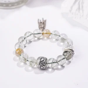 Emerald Guardian – Green Phantom & Golden Rutile Lion Bracelet
