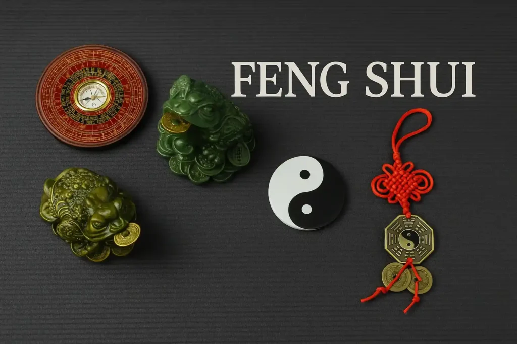 A serene visual of Feng Shui tools and symbols used for attracting harmony, wealth, and spiritual energy
