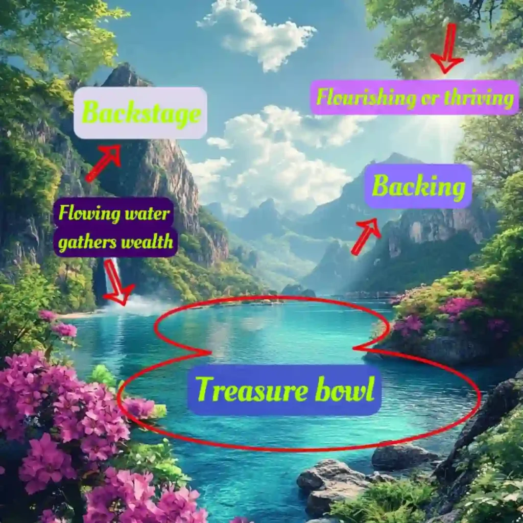 This image visually represents the key principles of Feng Shui, such as the importance of support, prosperity, and the flow of energy in a harmonious environment. It highlights concepts like "Flowing water gathers wealth" and "Backing," emphasizing the role of natural elements in promoting good fortune and balance in life.