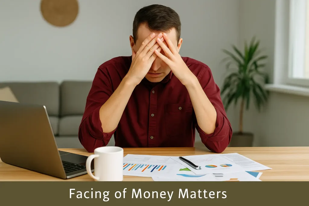A young man in a burgundy shirt, sitting at a desk with financial documents and a laptop, holding his head in his hands, appearing stressed and overwhelmed by financial matters