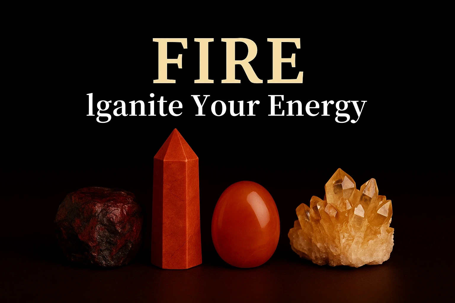A bold display of fire energy crystals including Red Jasper, Carnelian, Garnet, and Citrine, symbolizing passion and vitality.