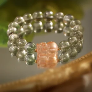 Fortune Ember – Red Hair Quartz Pixiu & Green Phantom Bracelet