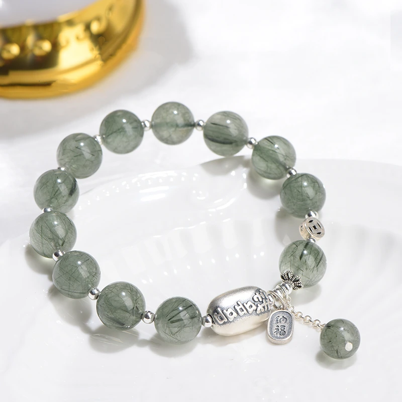 Green Rutilated Quartz lucky bracelet with silver Fu charm