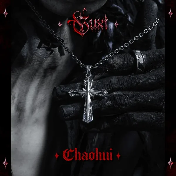 Gothic style silver cross necklace for men worn on model