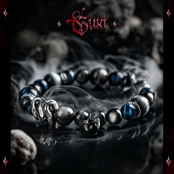 GUXI bracelet featuring obsidian and blue tiger eye with silver accents