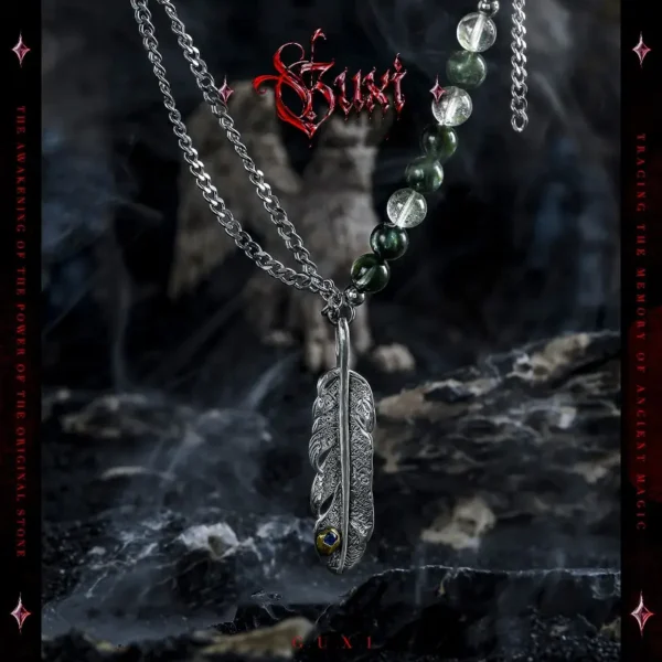 Handmade feather pendant necklace with green phantom crystal beads