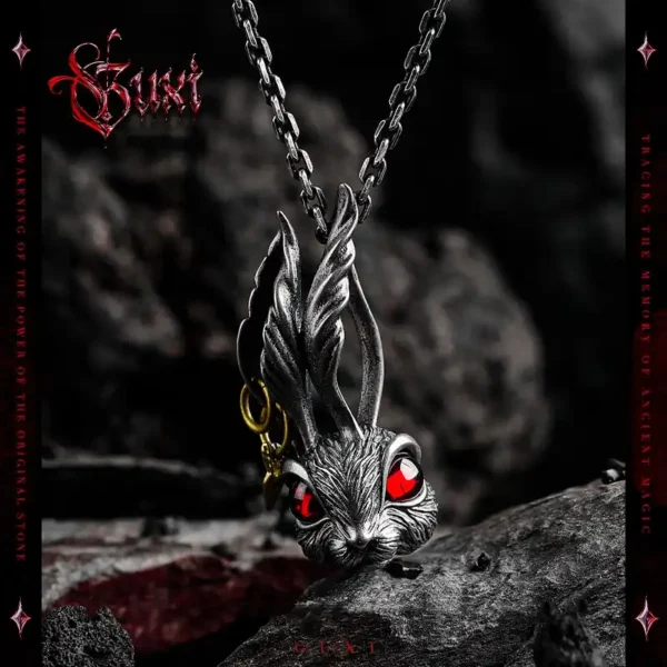 Gothic rabbit head pendant with red zircon eyes on silver chain