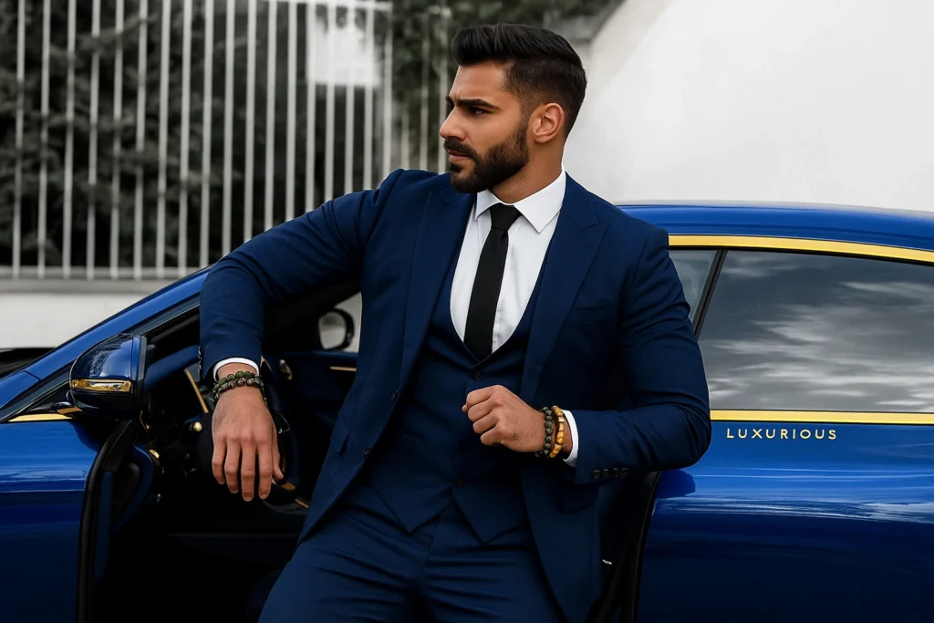 A stylish man in a navy suit, wearing GUXI handcrafted bracelets featuring green phantom and tiger’s eye beads on each wrist, posing confidently beside a luxury blue car with gold accents.