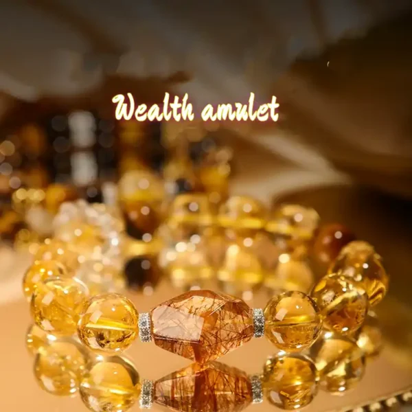Wealth Amulet Text Over Crystal Bracelet Background