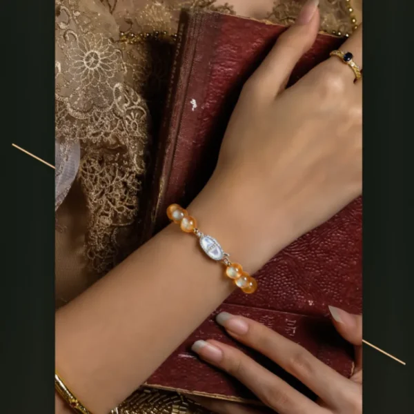 Golden gemstone bracelet with white pearls – handmade jewelry for women