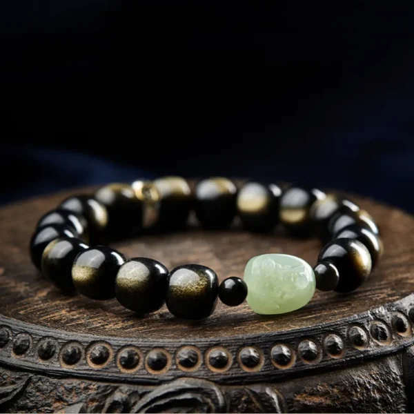 Golden Obsidian bracelet with Hetian jade Buddha charm for Zodiac protection