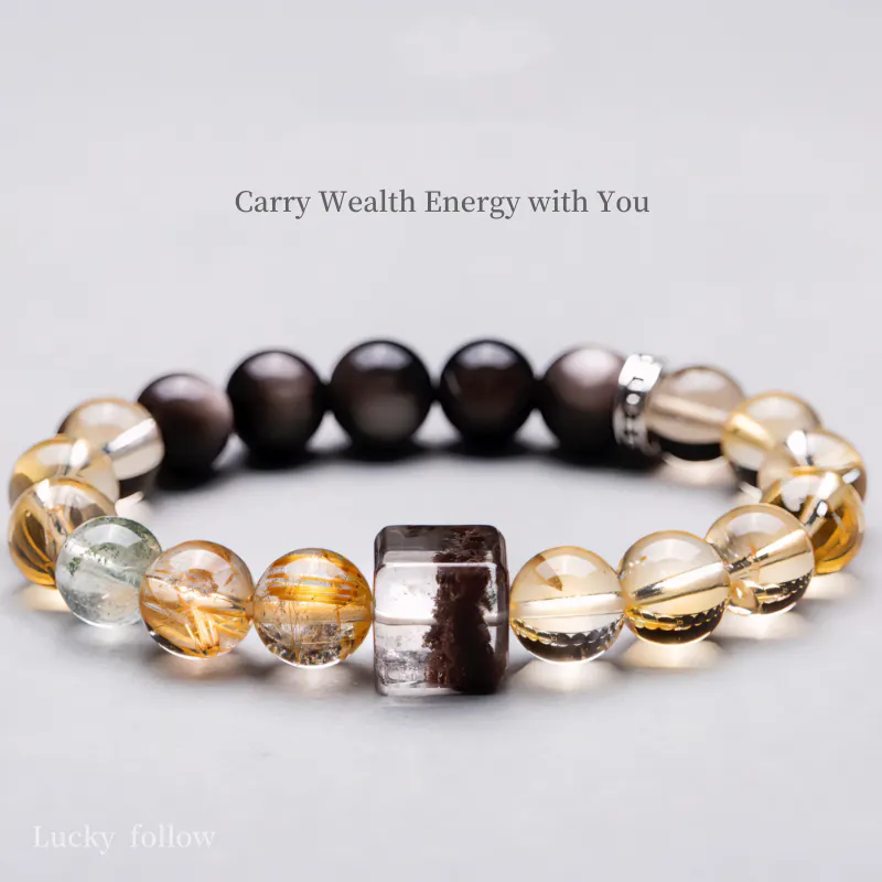 Mixed crystal wealth energy bracelet with silver obsidian and citrine