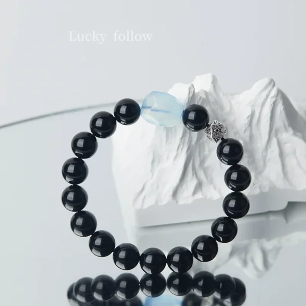 Double Obsidian Aquamarine Bracelets with Silver Beads