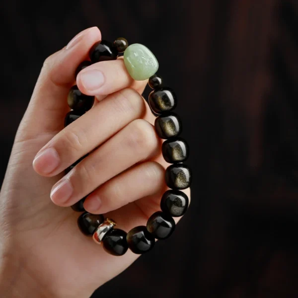 Natural Golden Obsidian beads with Hetian Jade Guardian Buddha charm bracelet