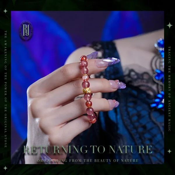 Handmade Strawberry Quartz Bead Bracelet Worn on Wrist