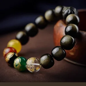 Fortune Guardians – Obsidian Zodiac Bracelet with Five Wealth Buddhas
